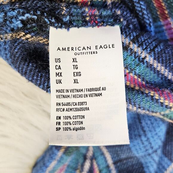 American Eagle XL Plaid Button Down Flannel Shirt Blue Cozy Fall Grunge Layering - Picture 8 of 11